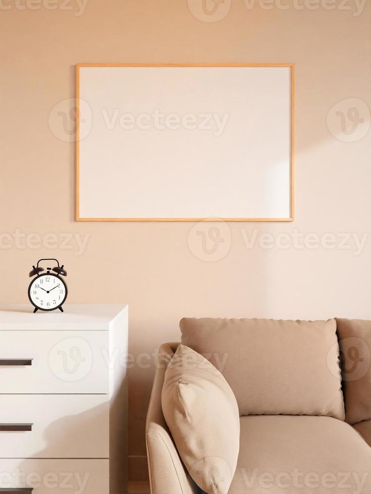 Modern and minimalist horizontal wooden poster or photo frame mockup on the wall in the living room. 3d rendering.