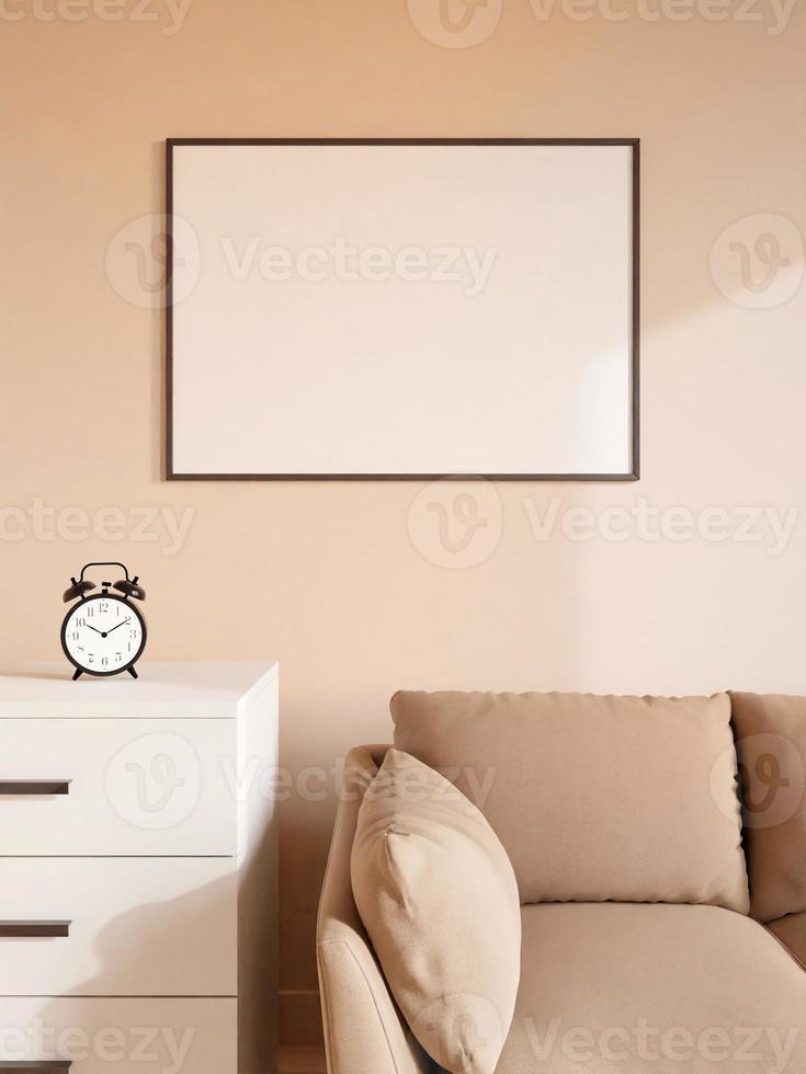 Modern and minimalist horizontal black poster or photo frame mockup on the wall in the living room. 3d rendering.