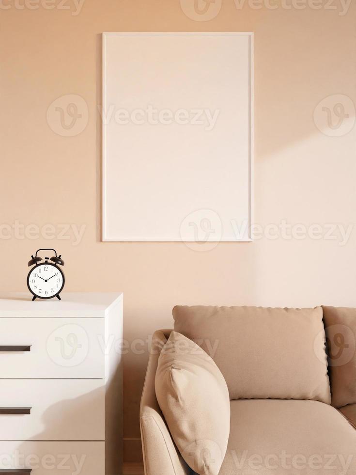 Modern and minimalist vertical white poster or photo frame mockup on the wall in the living room. 3d rendering.