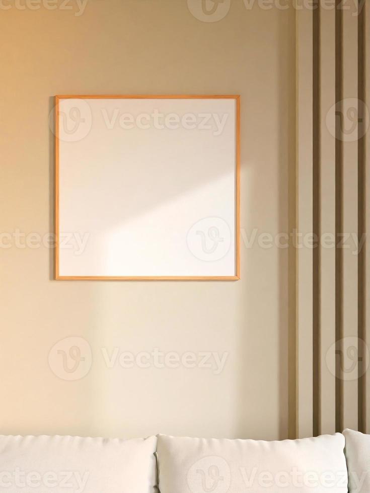 Modern and minimalist square wooden poster or photo frame mockup on the wall in the living room. 3d rendering.