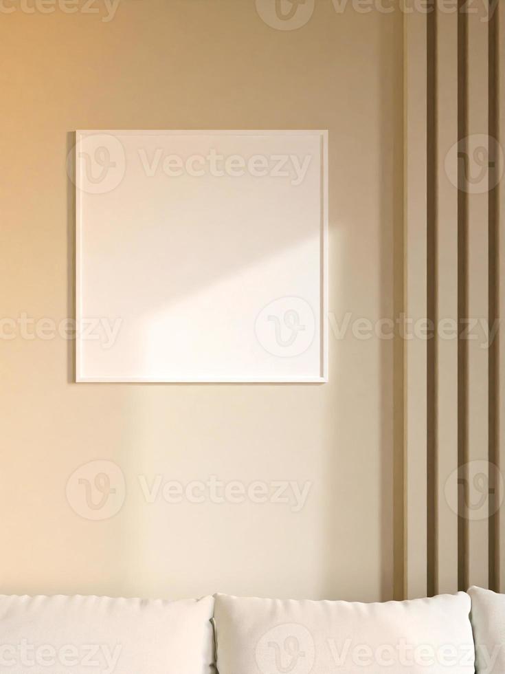 Modern and minimalist square white poster or photo frame mockup on the wall in the living room. 3d rendering.