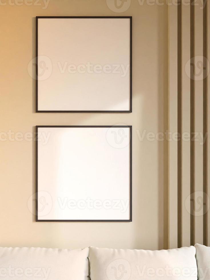 Twin modern and minimalist square black poster or photo frame mockup on the wall in the living room. 3d rendering.