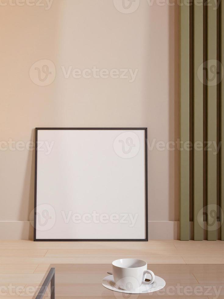 Modern and minimalist square black poster or photo frame mockup leaning against the room wall. 3d rendering.