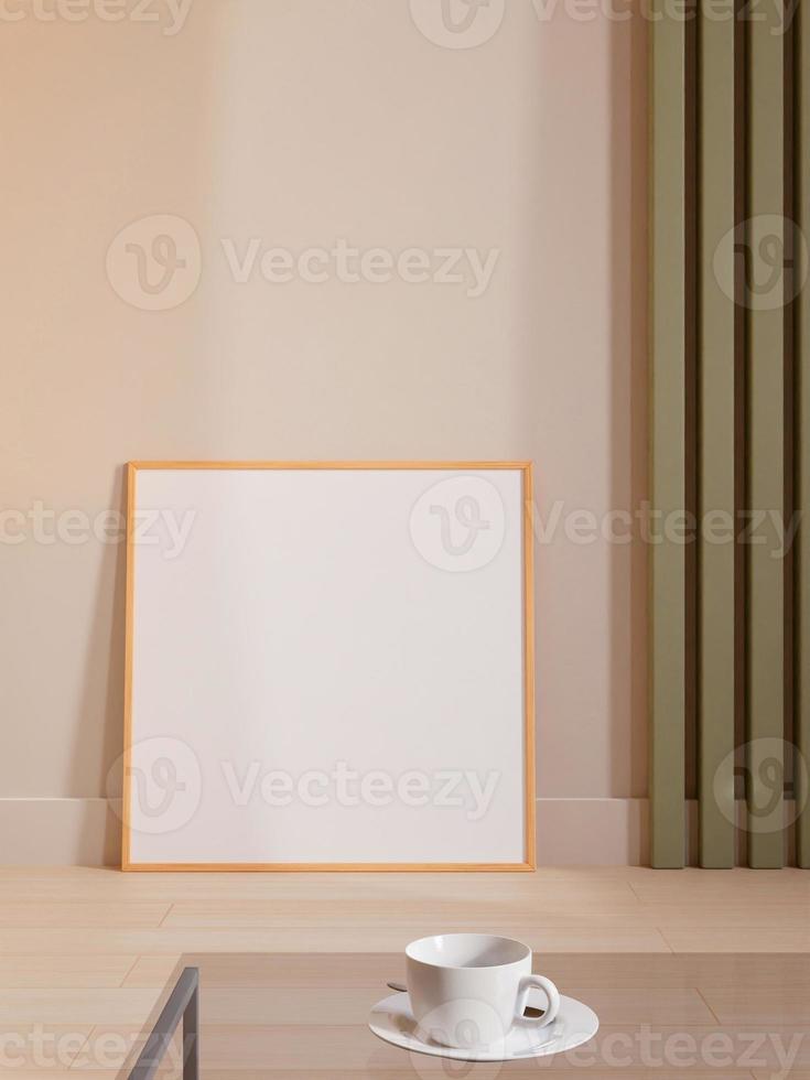 Modern and minimalist square wooden poster or photo frame mockup leaning against the room wall. 3d rendering.