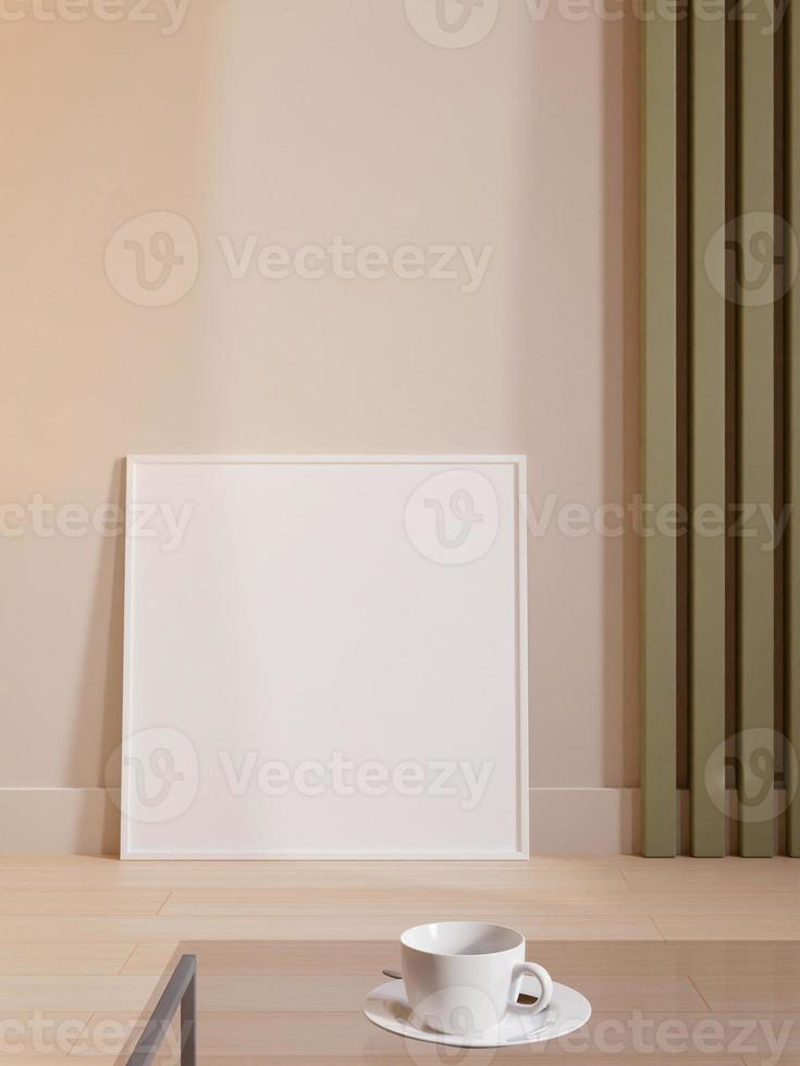 Modern and minimalist square white poster or photo frame mockup leaning against the room wall. 3d rendering.