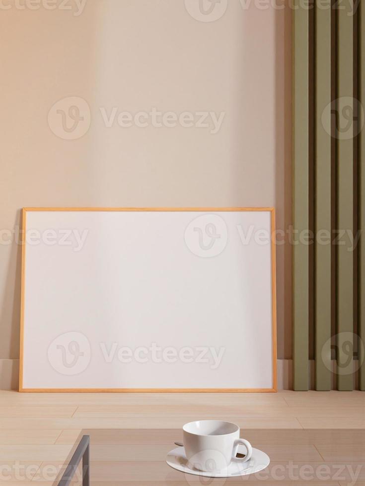 Modern and minimalist horizontal wooden poster or photo frame mockup leaning against the room wall. 3d rendering.