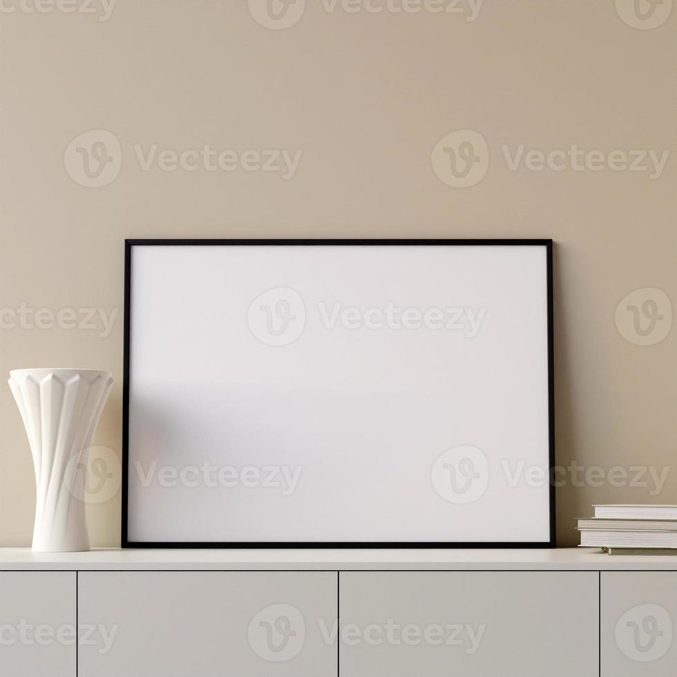 Modern and minimalist horizontal black poster or photo frame mockup on the table in the living room. 3d rendering.