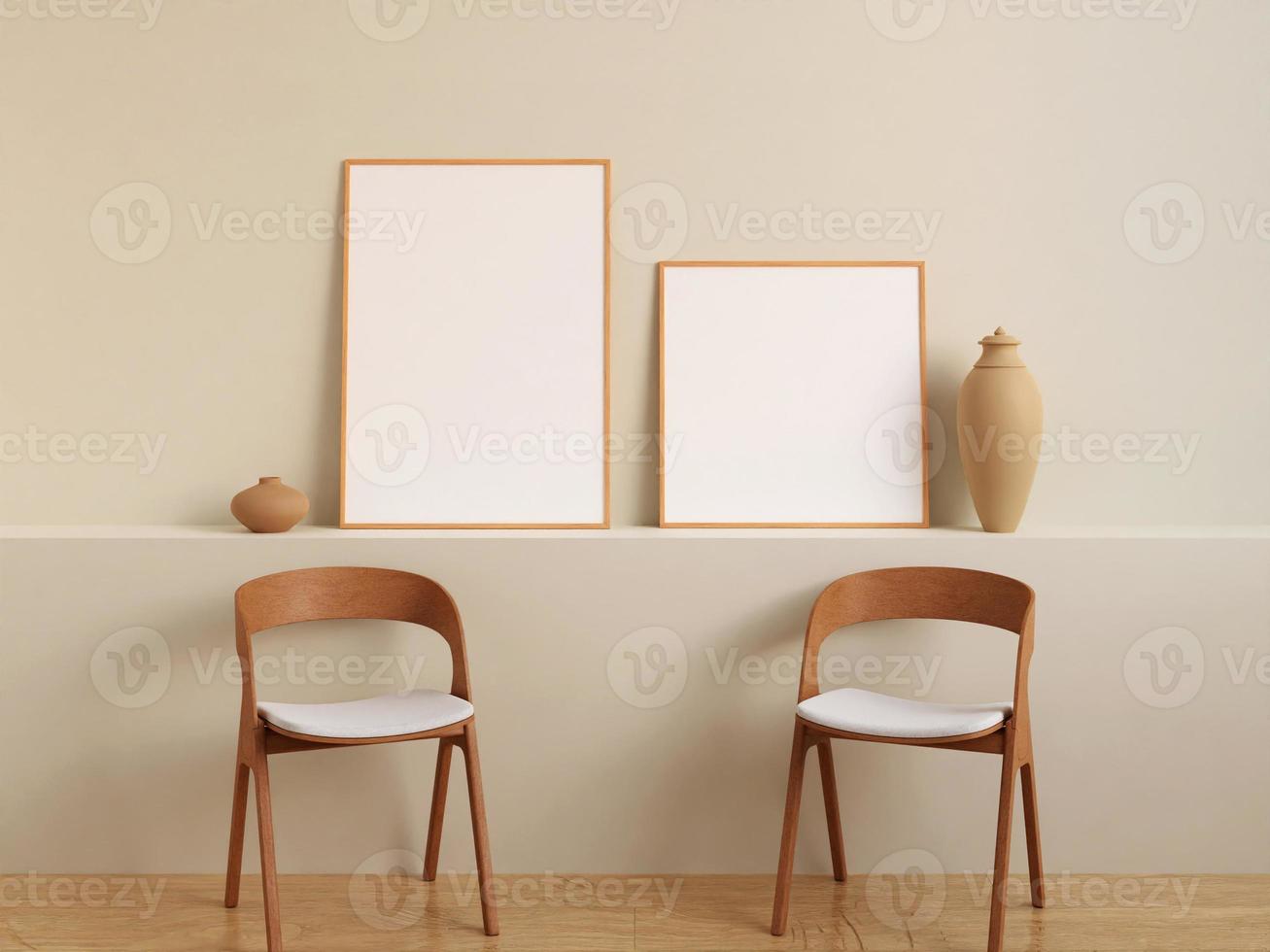 Twin modern and minimalist white poster or photo frame mockup on the wall in the living room. 3d rendering.