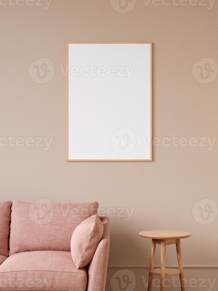 Modern and minimalist vertical wooden poster or photo frame mockup on the wall in the living room. 3d rendering.