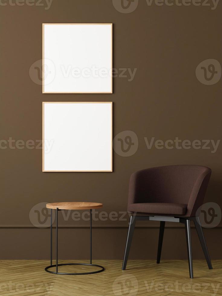 Modern and minimalist square wooden poster or photo frame mockup on the wall in the living room. 3d rendering.