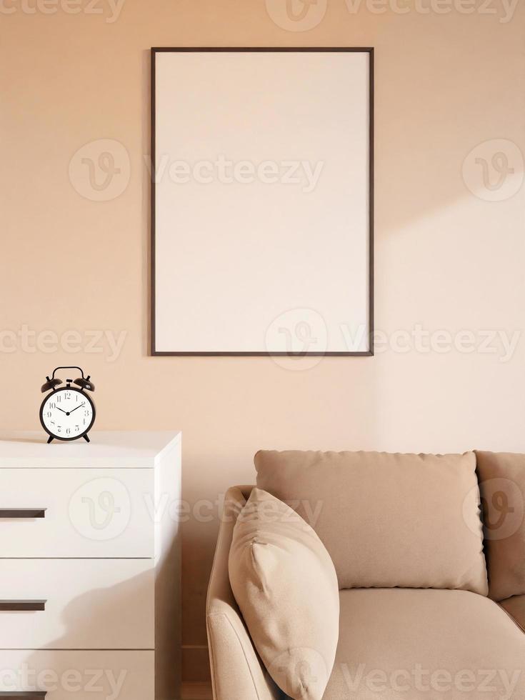 Modern and minimalist vertical black poster or photo frame mockup on the wall in the living room. 3d rendering.