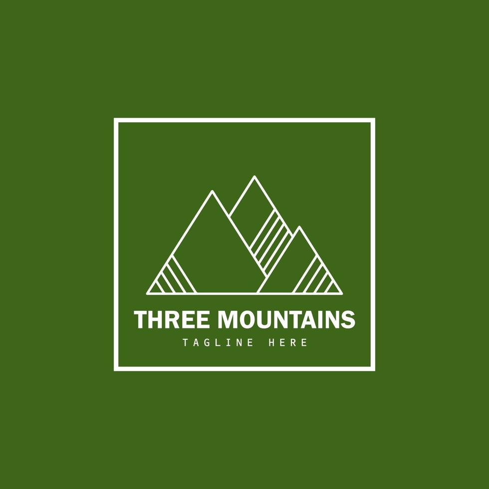 Simple line art three mountains vector logo template with square frame and faded green background