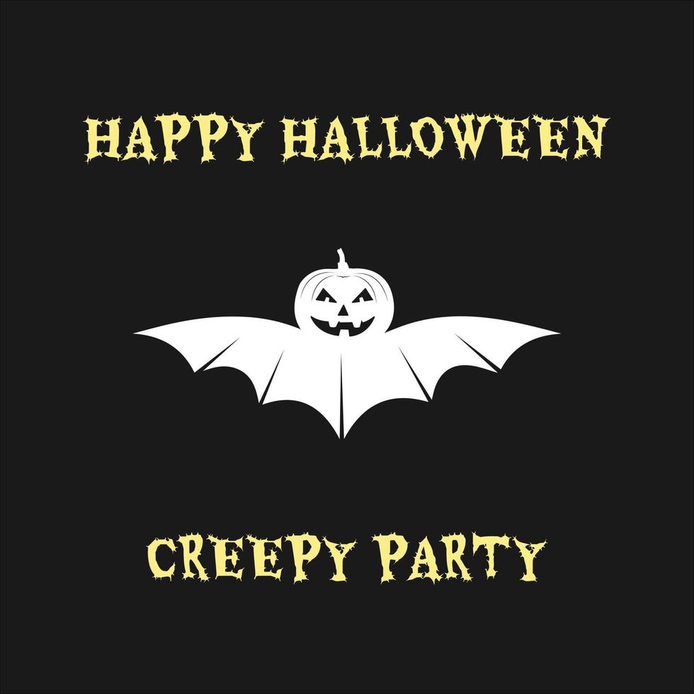Happy Halloween vector design for greeting cards and posters. Happy Halloween spooky party. Halloween poster with black background and bat with pumpkin head, vector design illustration.