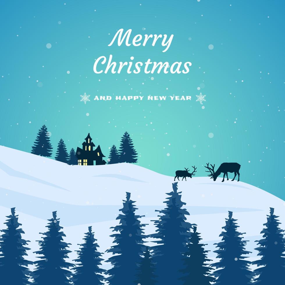 Merry Christmas and New Year typographic vector design for greeting cards and posters. Merry Christmas handwritten. Christmas with winter landscape with snowfall, secluded house and reindeer.