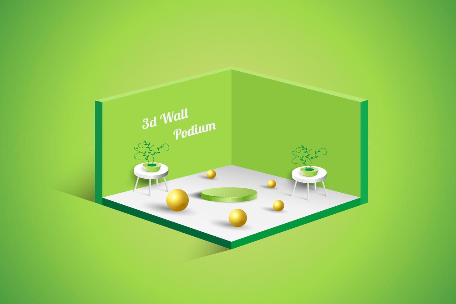 green show room 3d illustration podium, table vase, and flower. building simulation vector