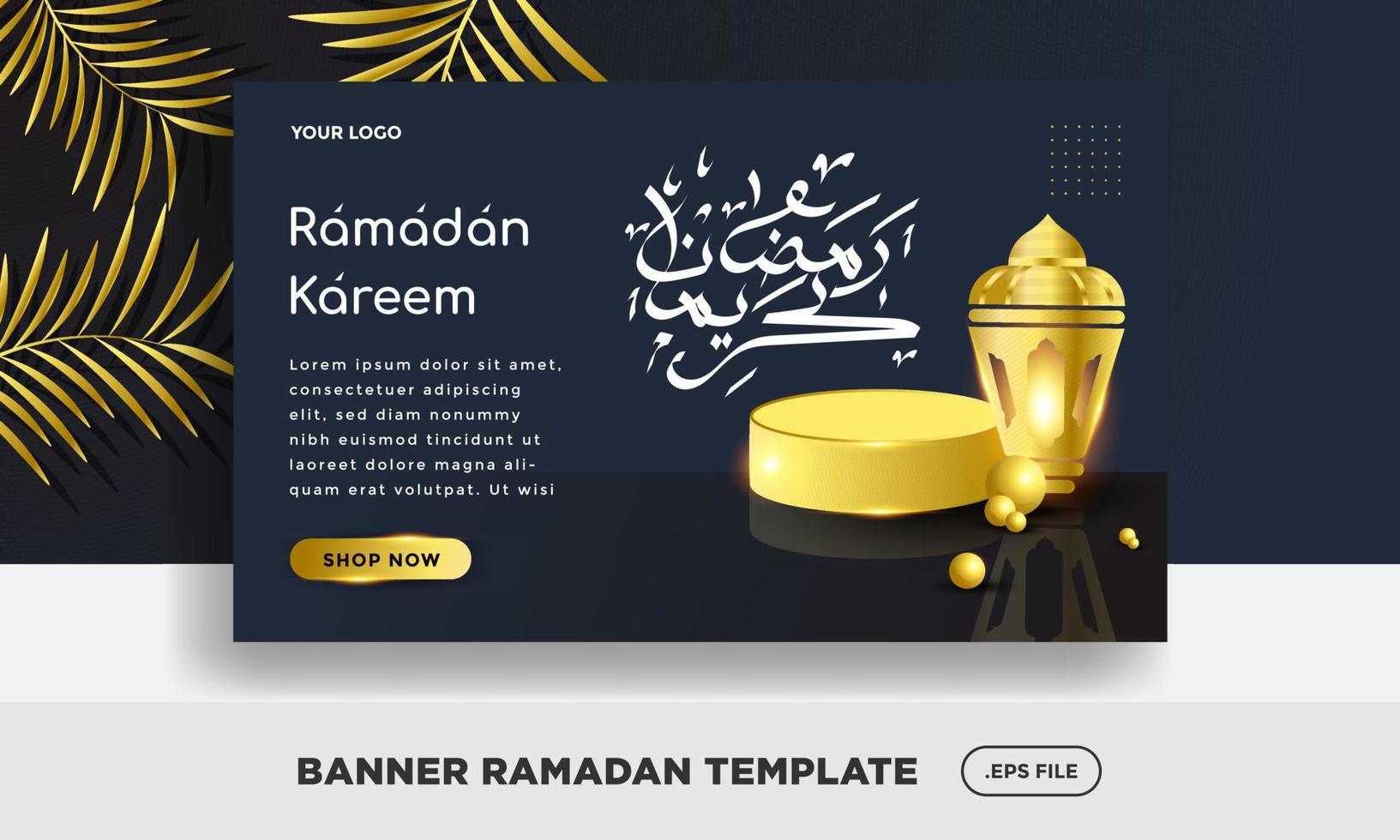 fondo de ramadán a la venta, plantilla banner religión color azul oscuro. caligrafía árabe que significa ramadan kareem vector