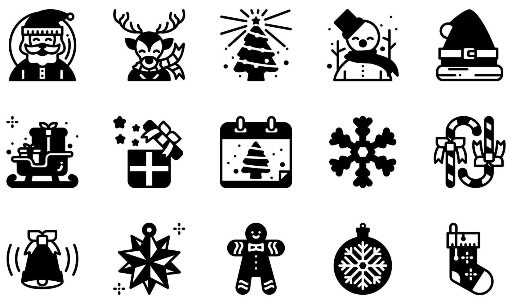 conjunto de iconos vectoriales relacionados con la Navidad. contiene íconos como Papá Noel, reno, muñeco de nieve, sombrero de Papá Noel, trineo, copo de nieve y más. vector