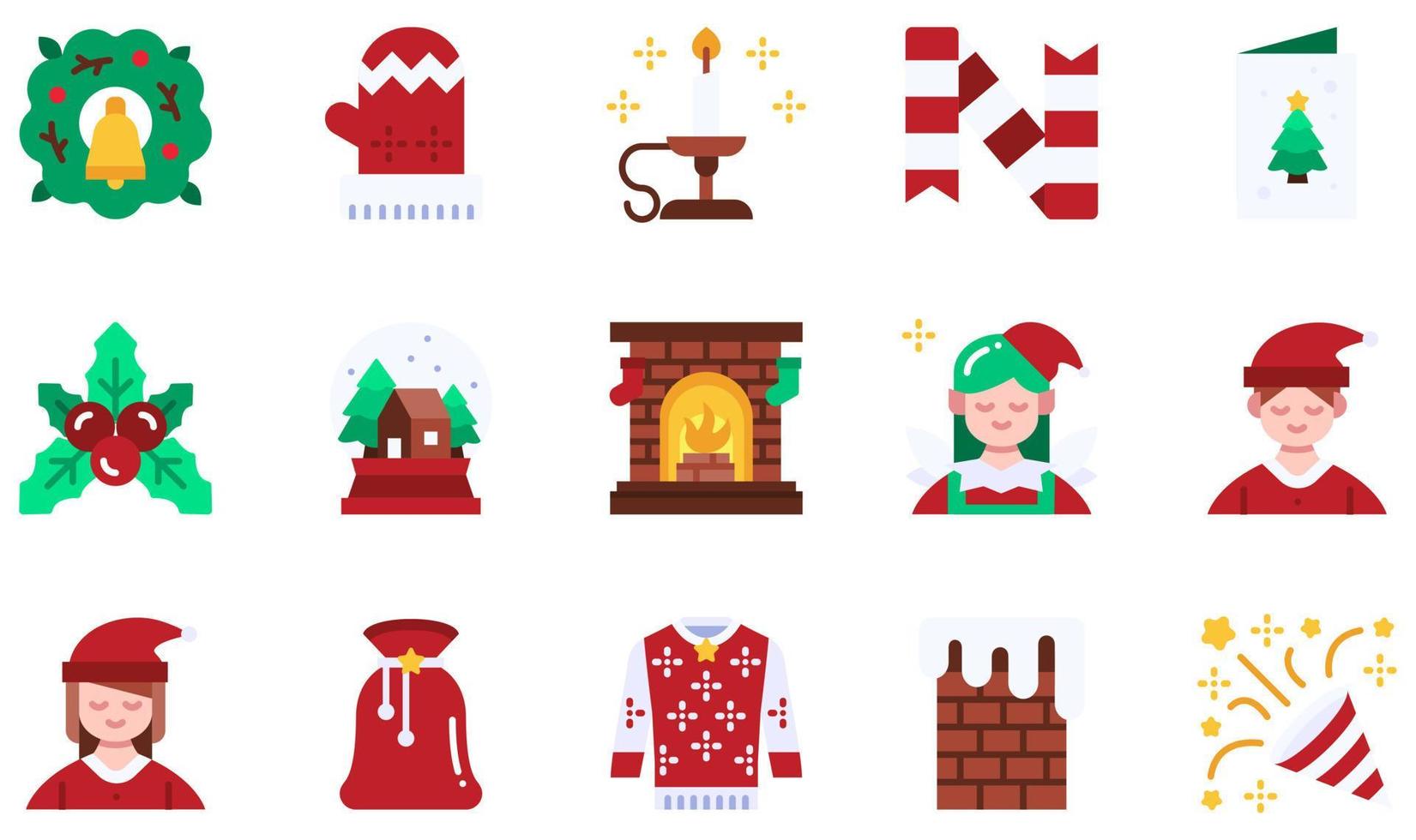 Set of Vector Icons Related to Christmas. Contains such Icons as Mistletoe, Snow Globe, Fireplace, Chimney, Celebration, Mitten and more.