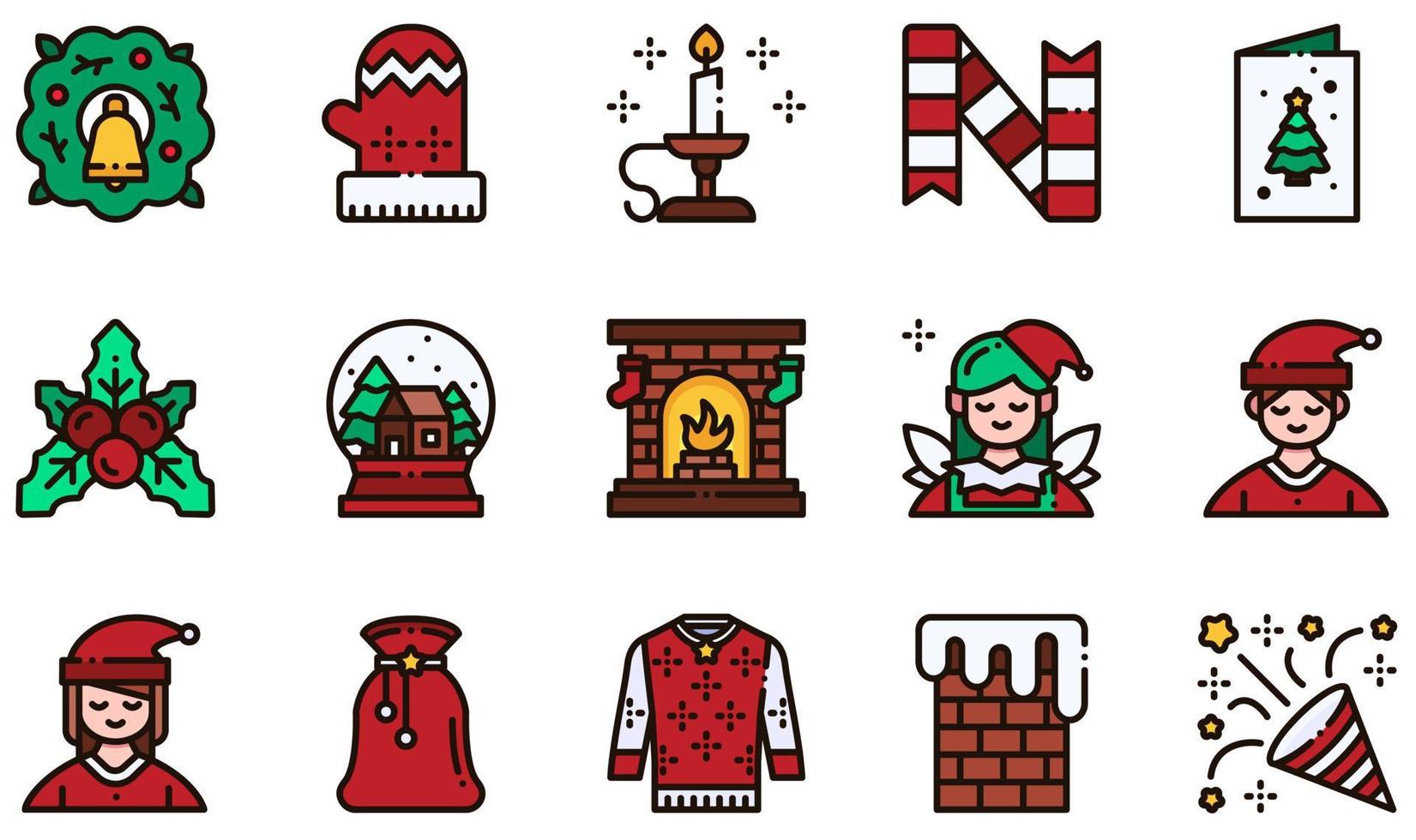 Set of Vector Icons Related to Christmas. Contains such Icons as Mistletoe, Snow Globe, Fireplace, Chimney, Celebration, Mitten and more.