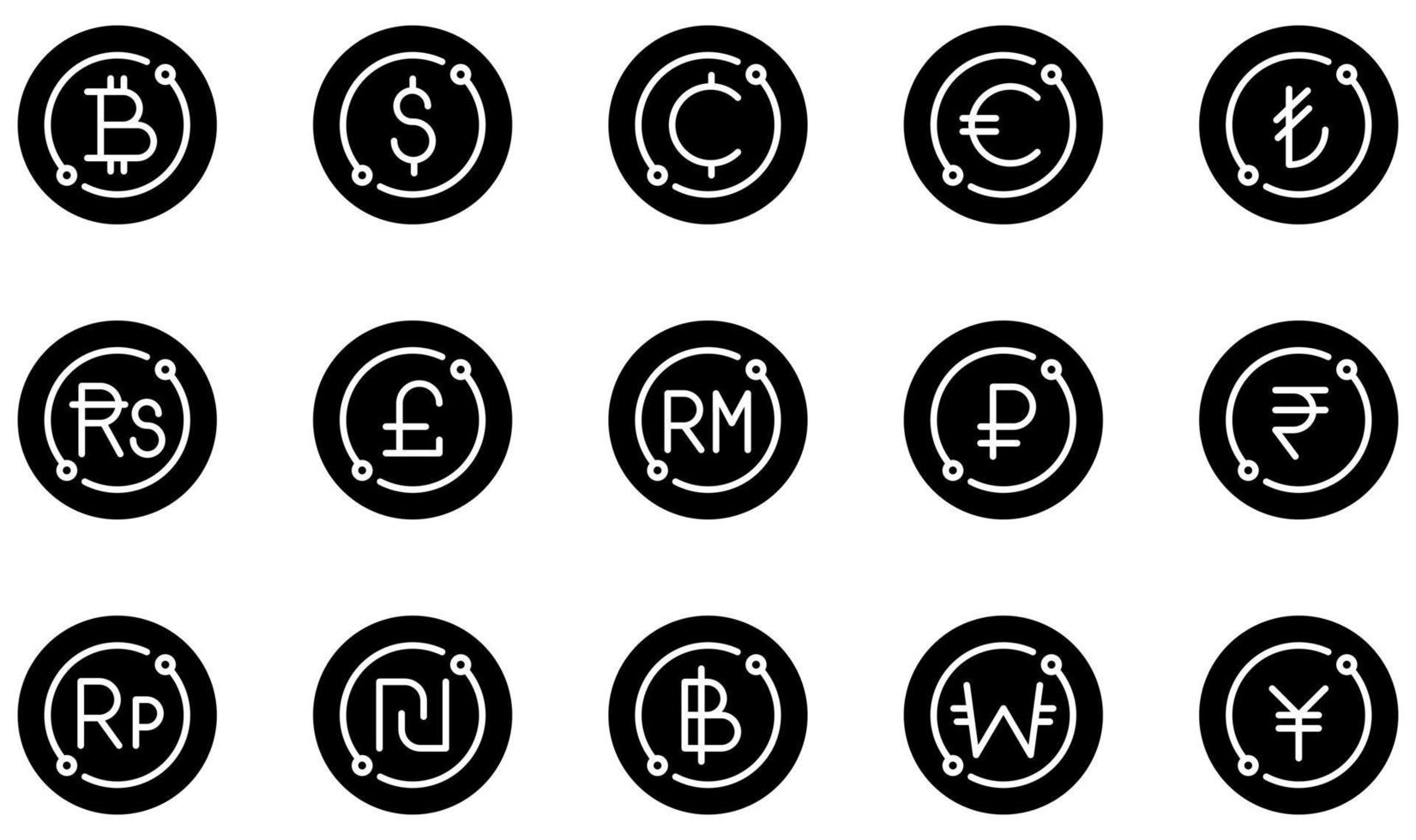 conjunto de iconos vectoriales relacionados con la moneda. contiene íconos como bitcoin, dólar, centavos, euro, libra, baht y más. vector