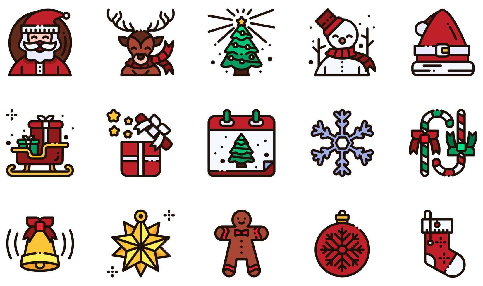 conjunto de iconos vectoriales relacionados con la Navidad. contiene íconos como Papá Noel, reno, muñeco de nieve, sombrero de Papá Noel, trineo, copo de nieve y más. vector