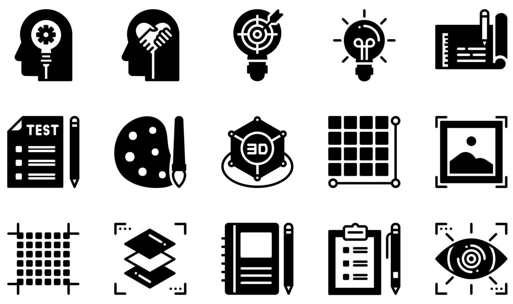 conjunto de iconos vectoriales relacionados con el pensamiento de diseño. contiene íconos como pensamiento creativo, empatía, prototipo, diseño 3d, píxeles, cuaderno de bocetos y más. vector