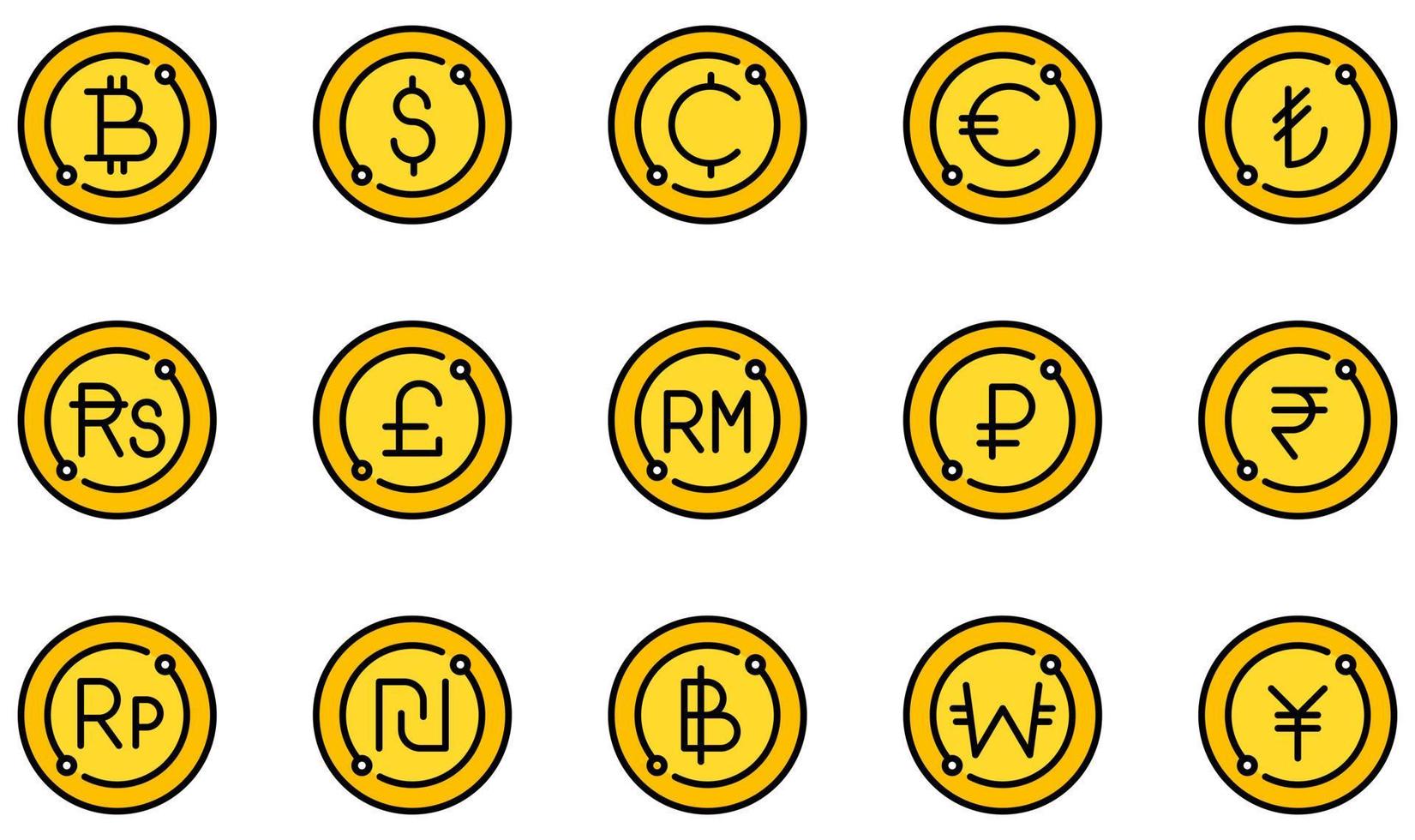 conjunto de iconos vectoriales relacionados con la moneda. contiene íconos como bitcoin, dólar, centavos, euro, libra, baht y más. vector