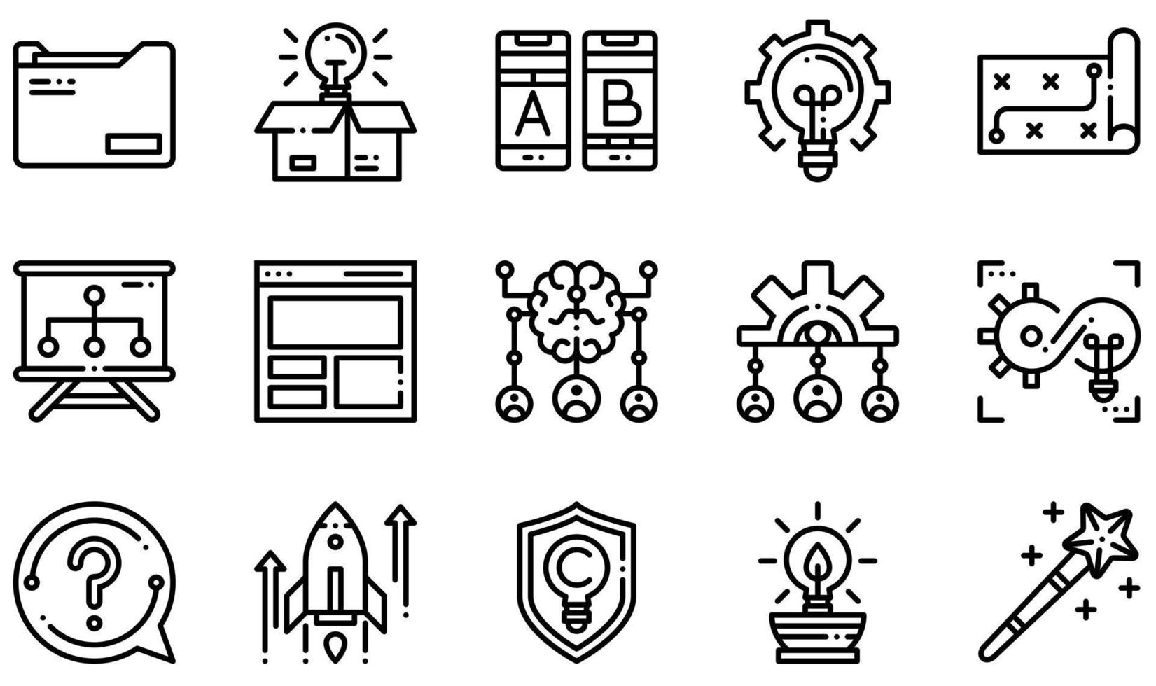 Set of Vector Icons Related to Design Thinking. Contains such Icons as Vision, Think Out Of The Box, Idea, Strategy, Brainstorm, Startup and more.