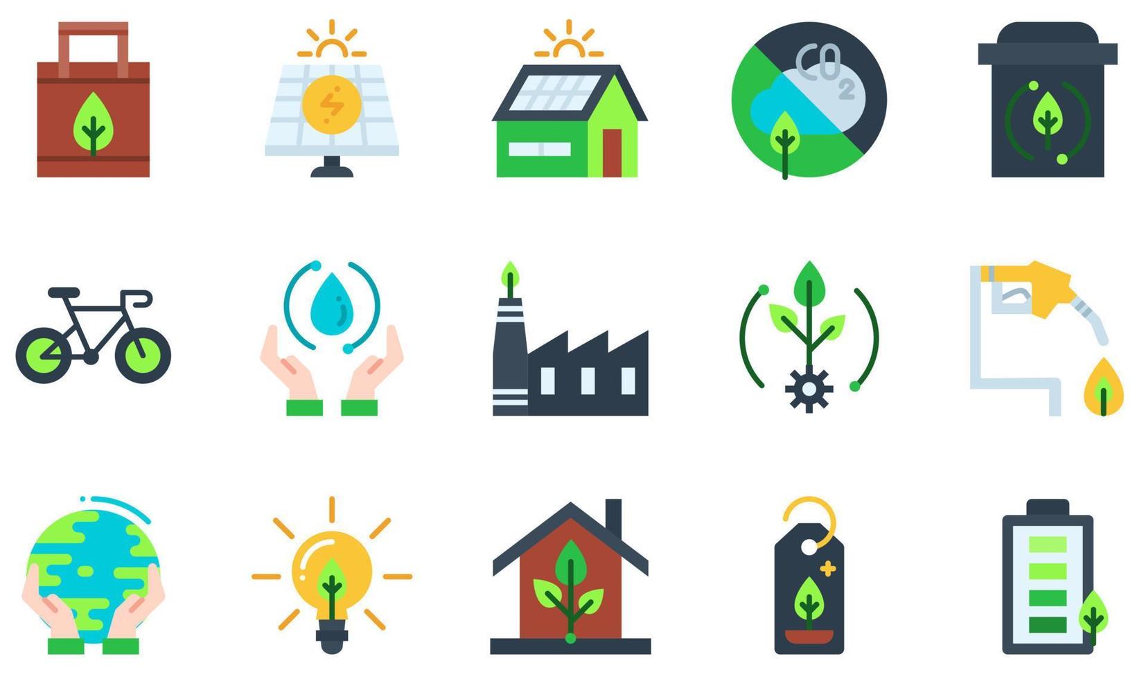 conjunto de iconos vectoriales relacionados con la ecología. contiene íconos como bolsa ecológica, panel solar, emisión cero, papelera de reciclaje, ecosistema, protección de la tierra y más. vector