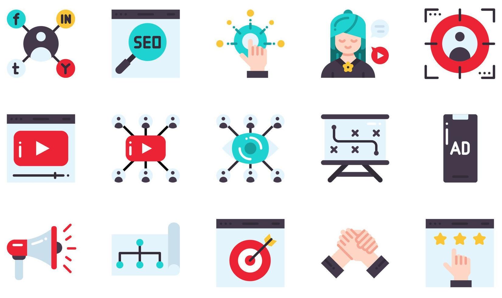 conjunto de iconos vectoriales relacionados con el marketing digital. contiene íconos como marketing social, seo, influencer, video marketing, megáfono, marketing en línea y más. vector