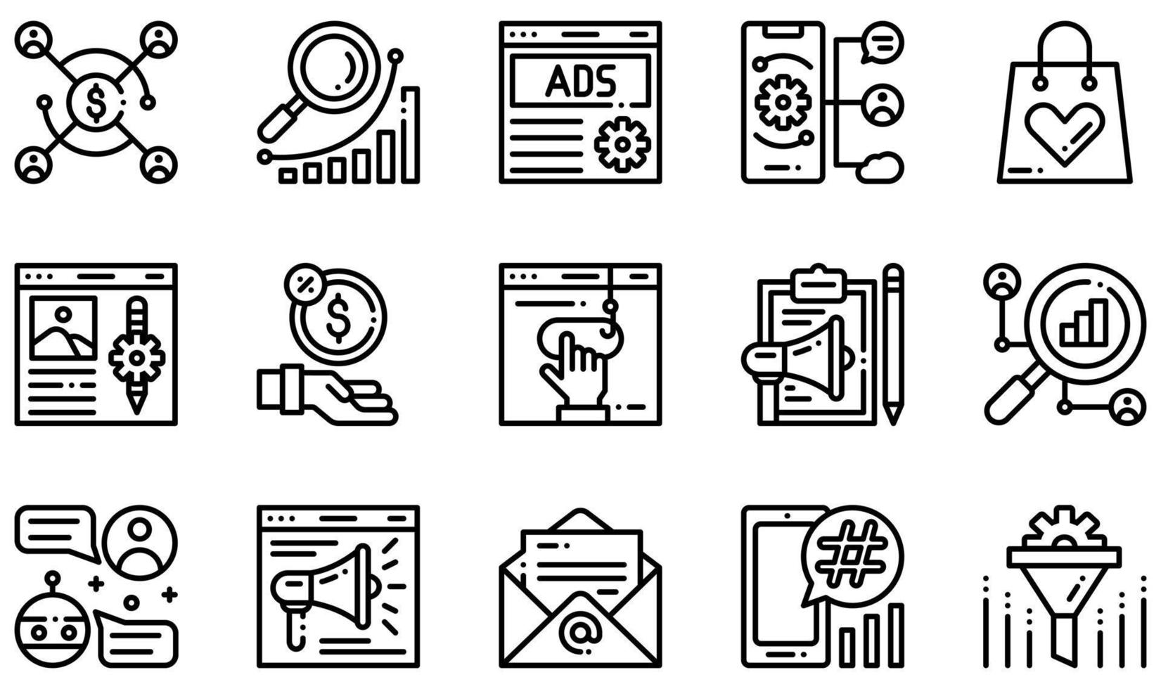 Set of Vector Icons Related to Digital Marketing. Contains such Icons as Affiliate Marketing, Advertising, Blog, Commission, Clickbait, Content Marketing and more.