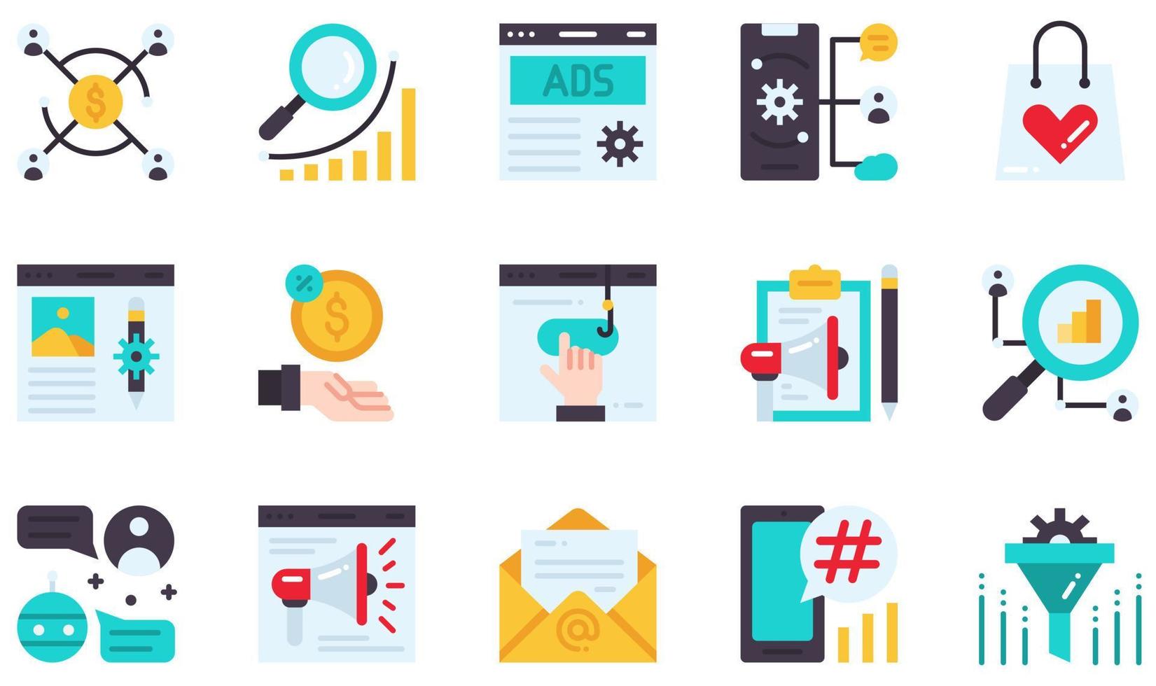 Set of Vector Icons Related to Digital Marketing. Contains such Icons as Affiliate Marketing, Advertising, Blog, Commission, Clickbait, Content Marketing and more.