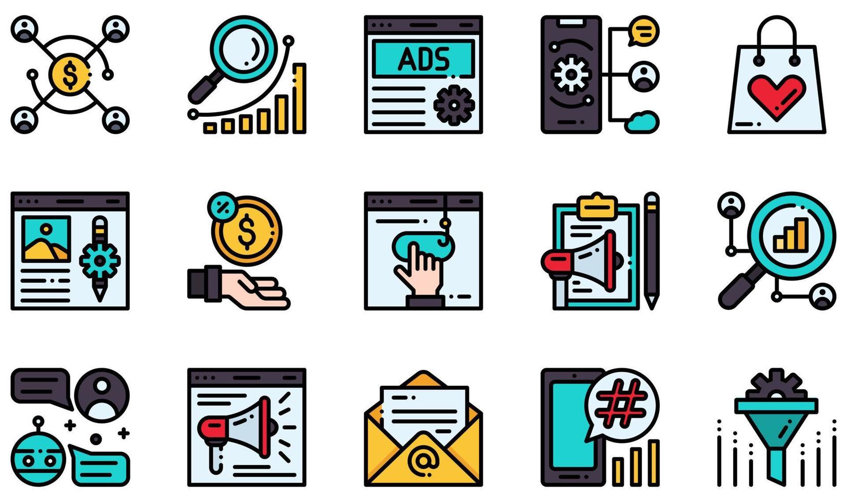 Set of Vector Icons Related to Digital Marketing. Contains such Icons as Affiliate Marketing, Advertising, Blog, Commission, Clickbait, Content Marketing and more.