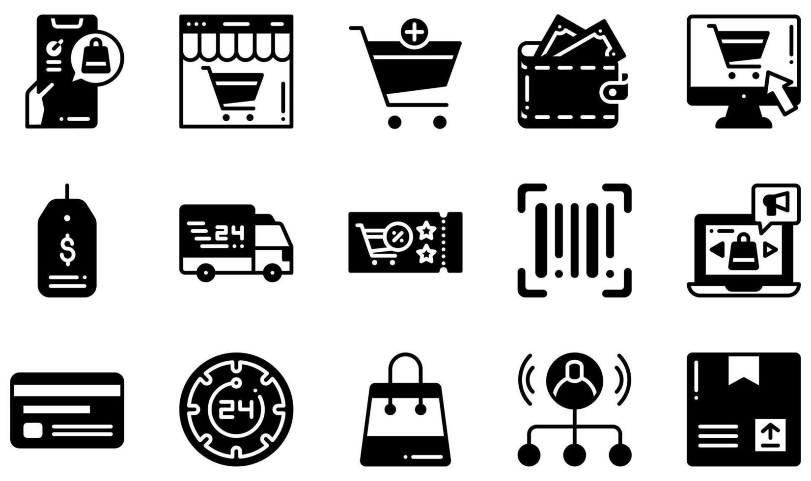 conjunto de iconos vectoriales relacionados con el comercio electrónico. contiene íconos como compras en línea, autos de entrega, marketing en línea, billetera, marketing de afiliados, tienda y más. vector