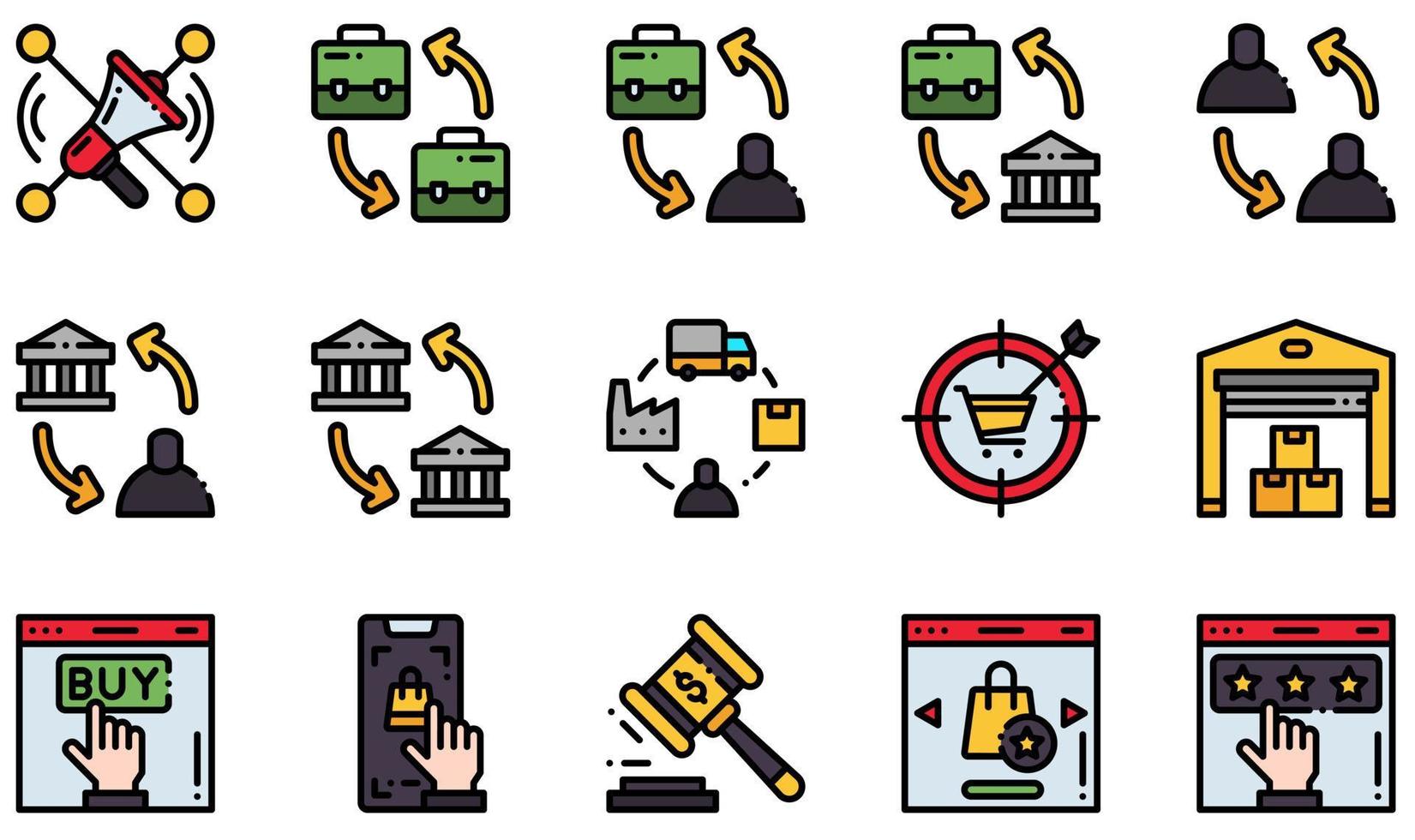 Set of Vector Icons Related to Ecommerce. Contains such Icons as SocialMarketing, B2b, B2c, Supply Chain, Warehouse, Quality and more.