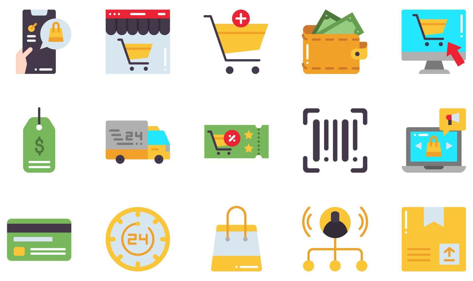 Set of Vector Icons Related to Ecommerce. Contains such Icons as Online Shopping, Delivery Car, Online Marketing, Wallet, Affiliate Marketing, Shop and more.