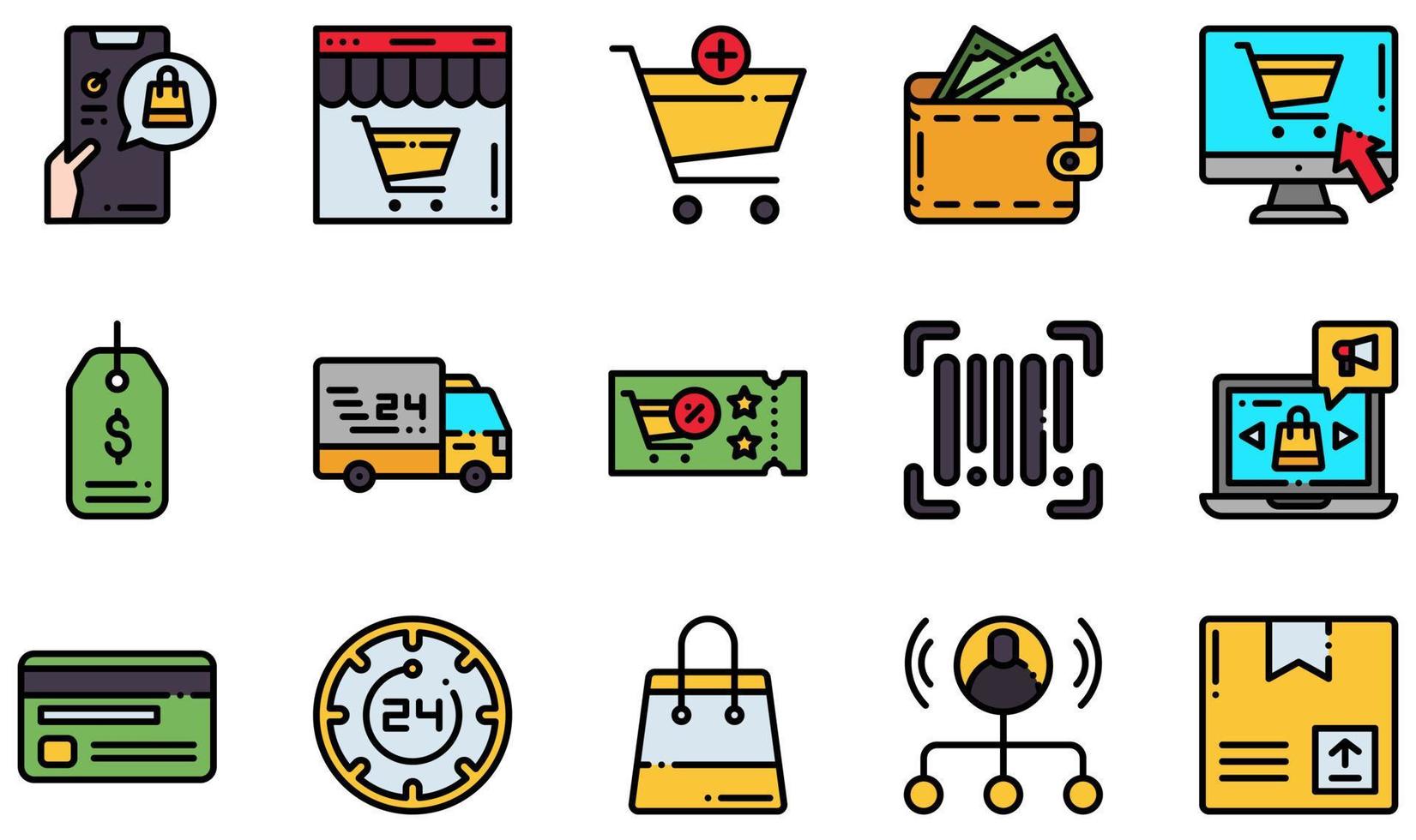 Set of Vector Icons Related to Ecommerce. Contains such Icons as Online Shopping, Delivery Car, Online Marketing, Wallet, Affiliate Marketing, Shop and more.