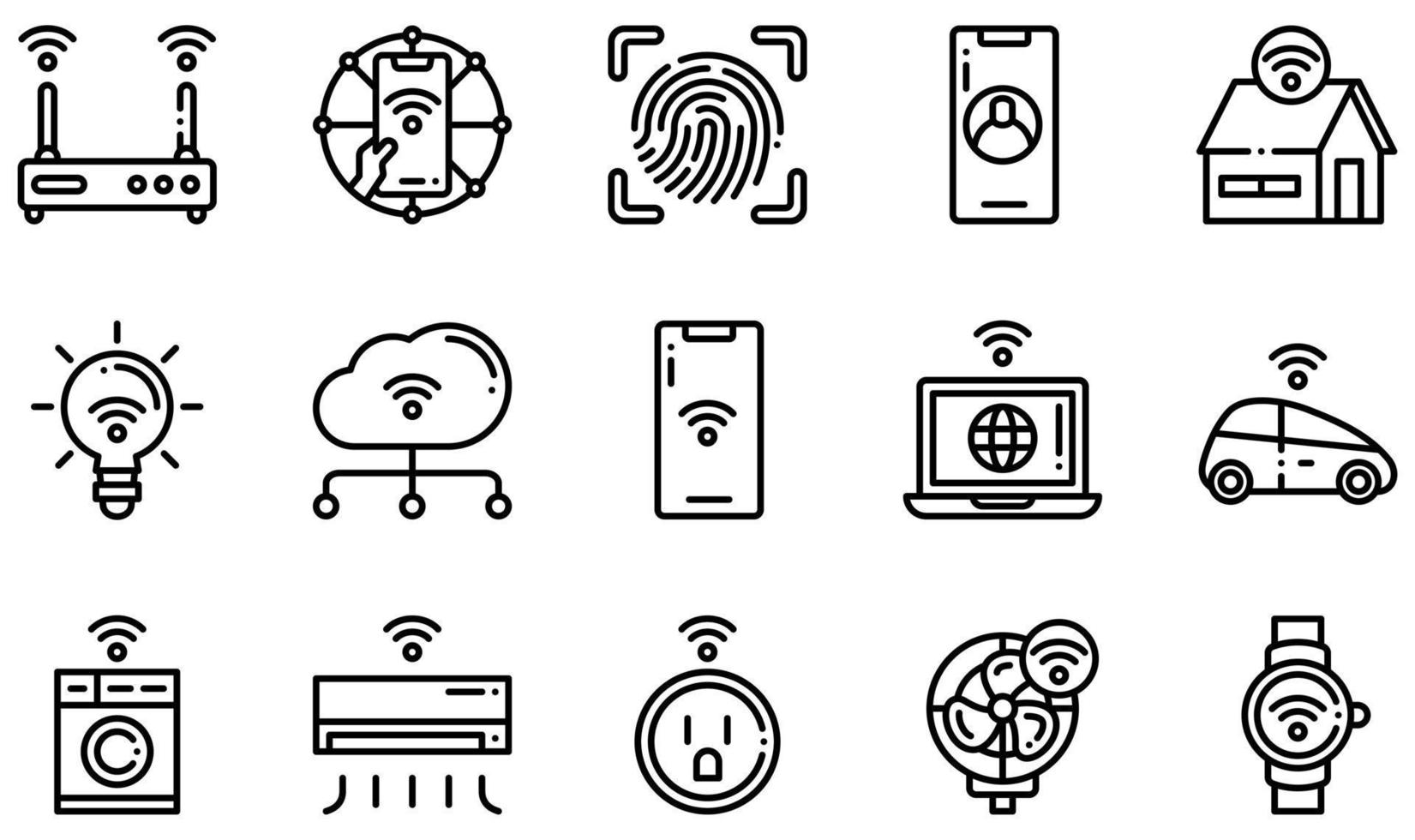 conjunto de iconos vectoriales relacionados con internet de las cosas. contiene íconos como Internet de las cosas, hogar inteligente, luz inteligente, teléfono inteligente, automóvil inteligente, reloj inteligente y más. vector