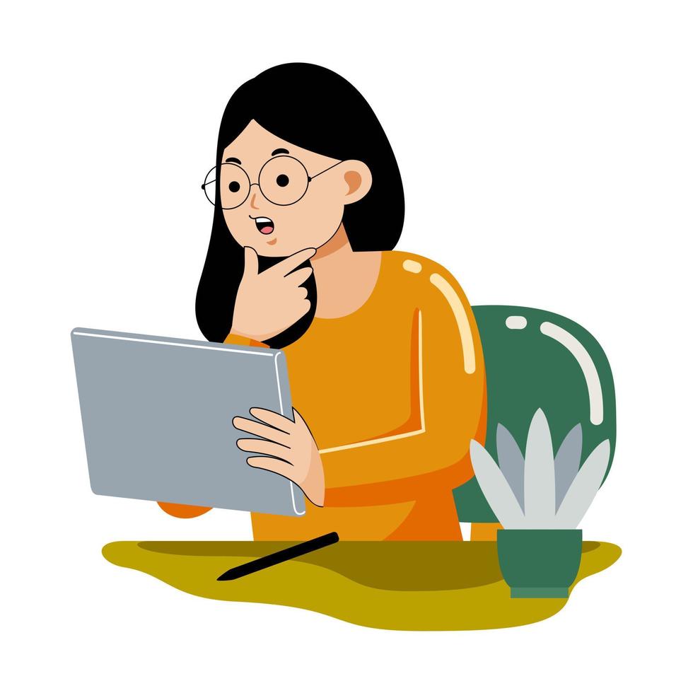 mujer trabajando con tableta grafica vector