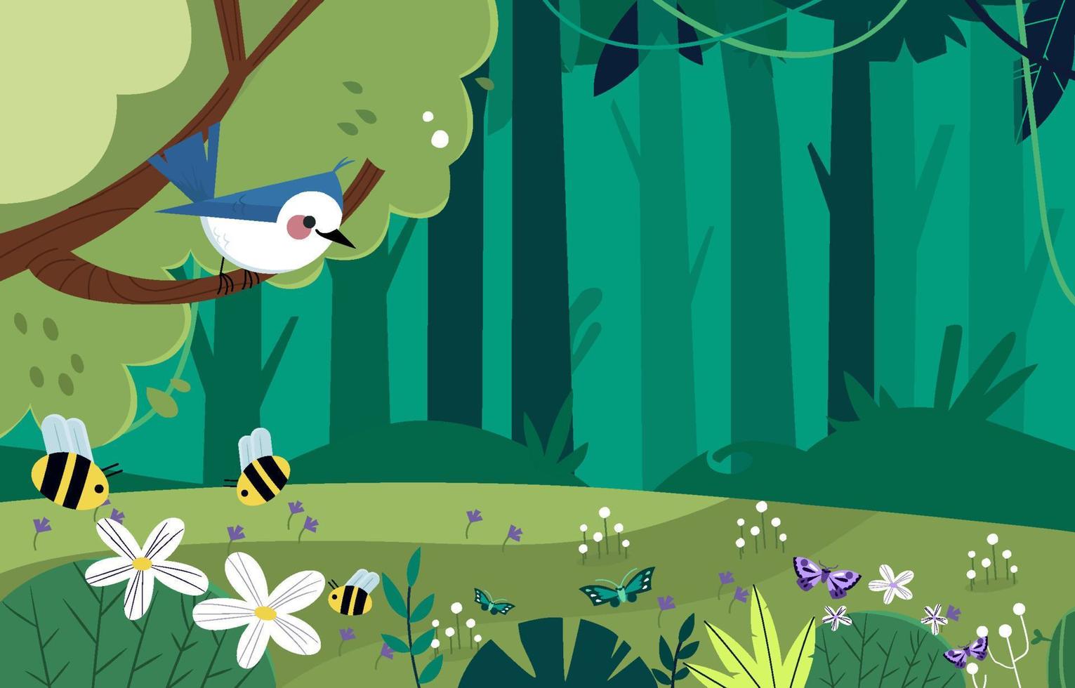 bosque de verano con fondo de pájaros, abejas y mariposas vector