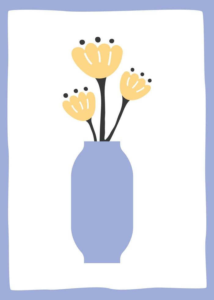 Minimalistic modern illustration of a yellow flower in a purple vase. Vector poster or flat postcard