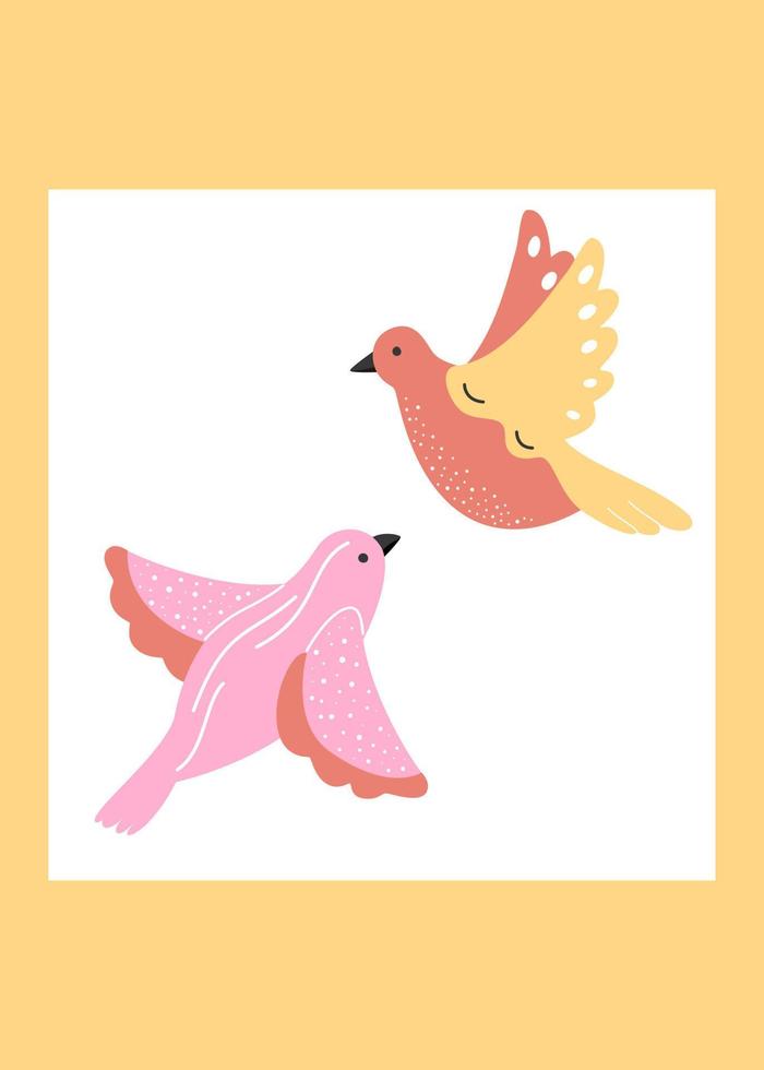 cartel de Pascua con coloridos pájaros voladores sobre un fondo amarillo. ilustración vectorial de una paloma de la paz vintage. vector