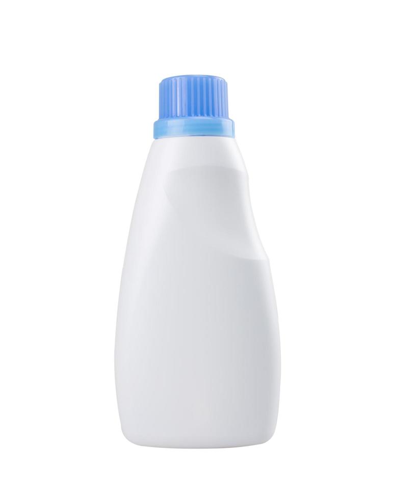 white plastic bottle with blue cap isolated on a white background for liquid laundry detergent or cleaning agent or bleach or fabric softener photo