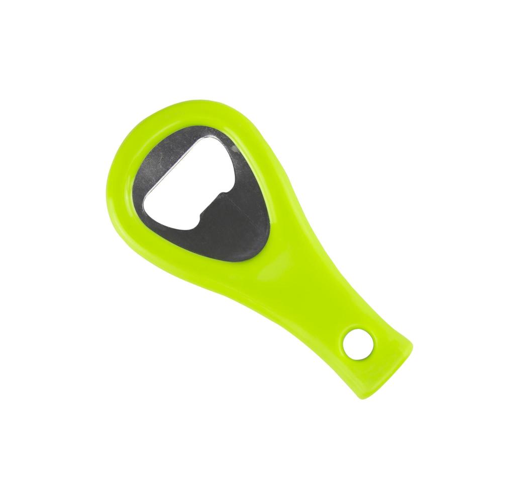Green plastic bottle opener isolated white background.Clipping path photo