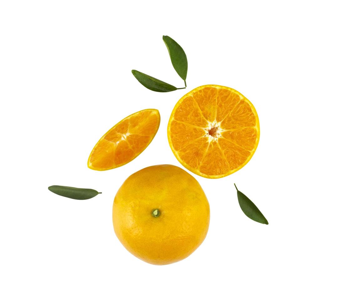 Fresh orange citrus fruit with leaves isolated on white background photo