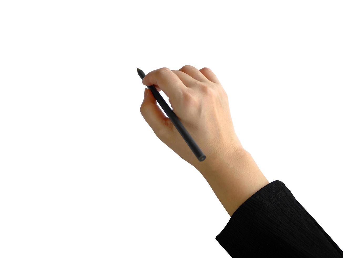 Isolated female hand holding black pencil writing, for presentation element photo