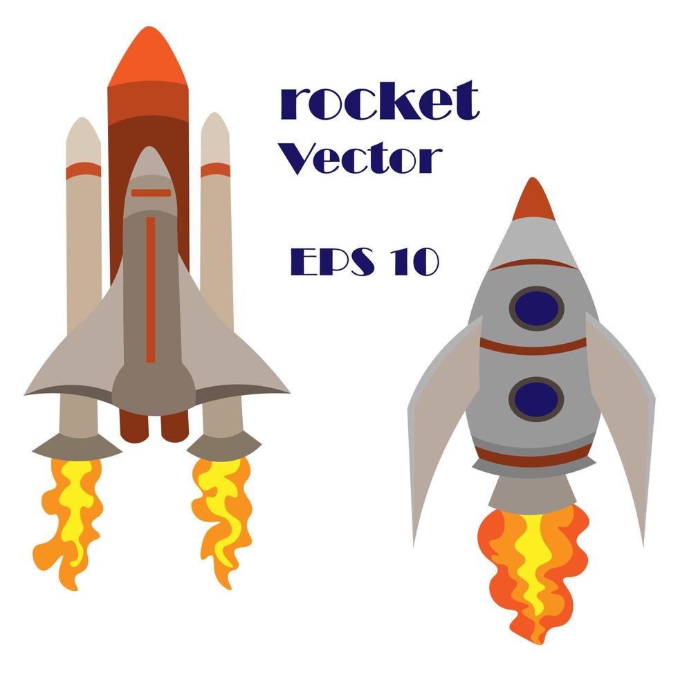 set of two space rockets with fire from the engine, launching spaceship into space. flying rocket among the stars. vector illustration