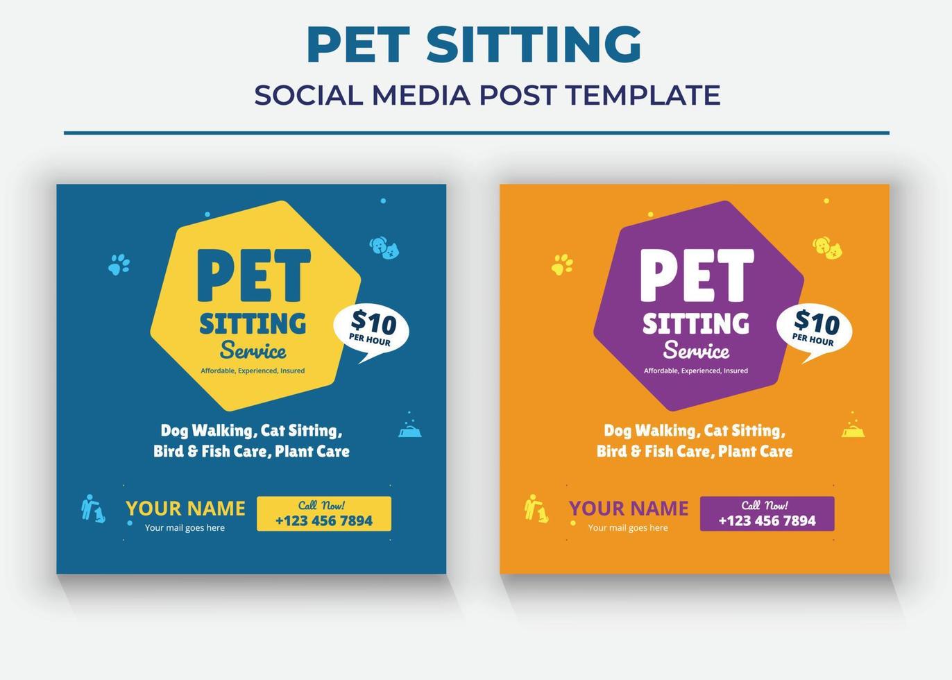 Pet Care Social Media Post Template, Pet Sitting Social Media Post Template, Pet Walkers poster vector