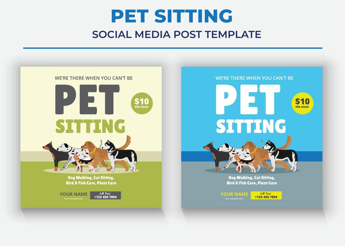 Pet Care Social Media Post Template, Pet Sitting Social Media Post Template, Pet Walkers poster vector