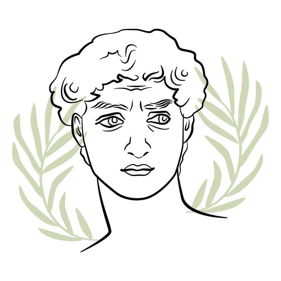 Davids sketch in trendy aesthetic style. A portrait of a male with abstract olive leaves. Michelangelo sculpture illustration. Positive masculinity concept. vector